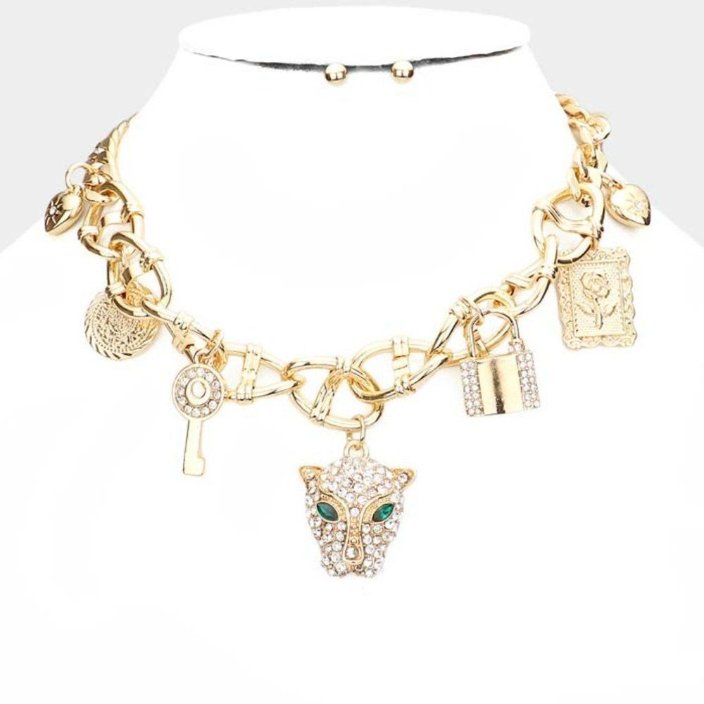 Leopard Rhinestone Heart Key Lock Flower Gold Station Necklace Set NWT - Picture 5 of 7